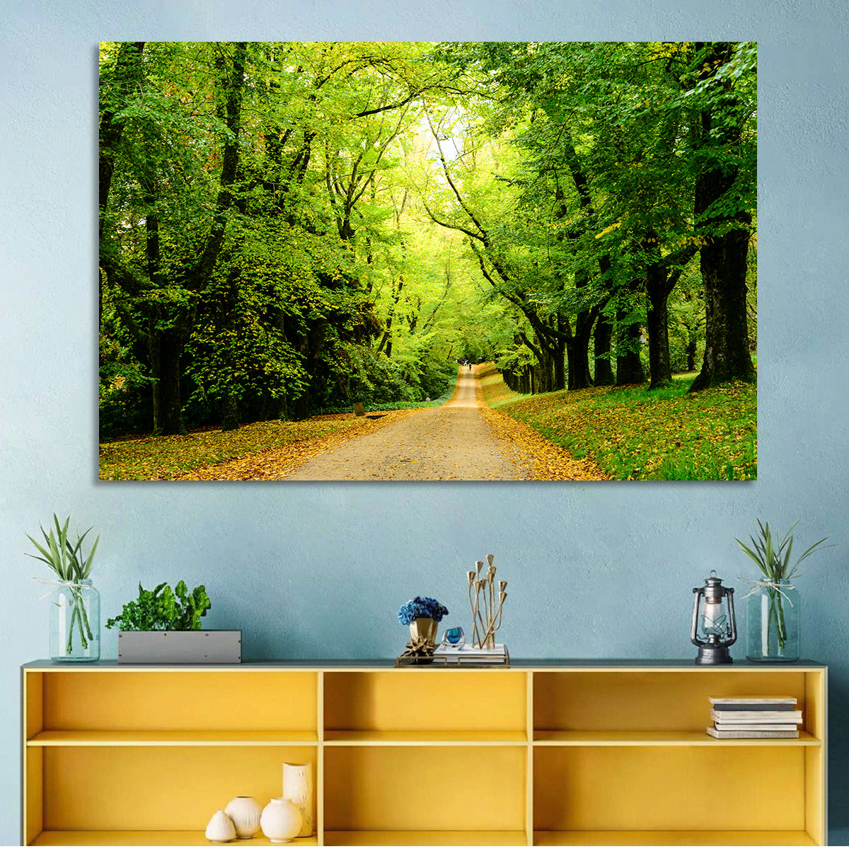 Sunlit Forest Pathway Wall Art in a room, landscape