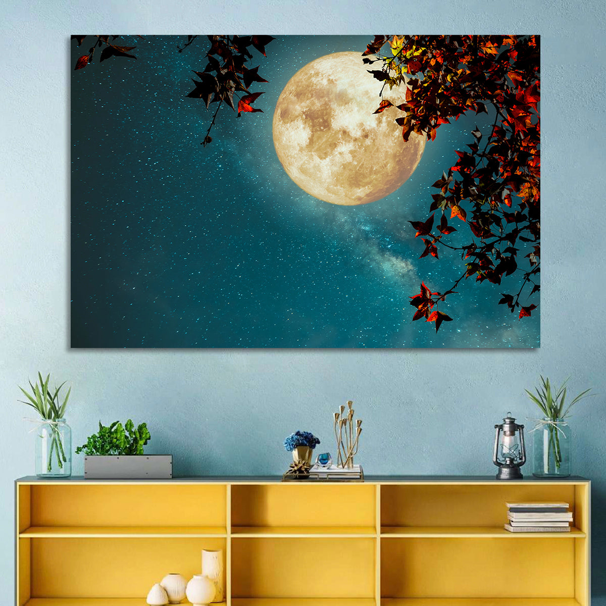Autumn Moon with Milky Way Wall Art in a room, landscape