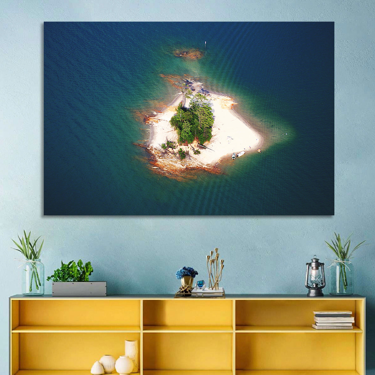 Lake Lanier Island Aerial View Wall Art in a room, landscape