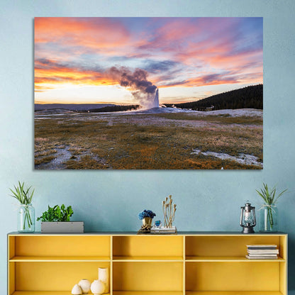 Old Faithful Erupting at Sunset Wall Art