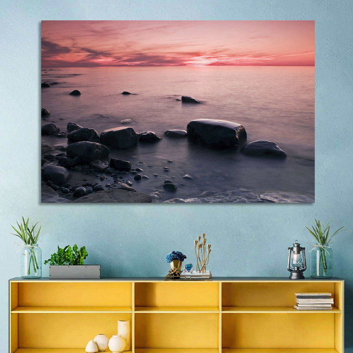 Pink Dusk Lakeshore with Silhouetted Rocks Wall Art