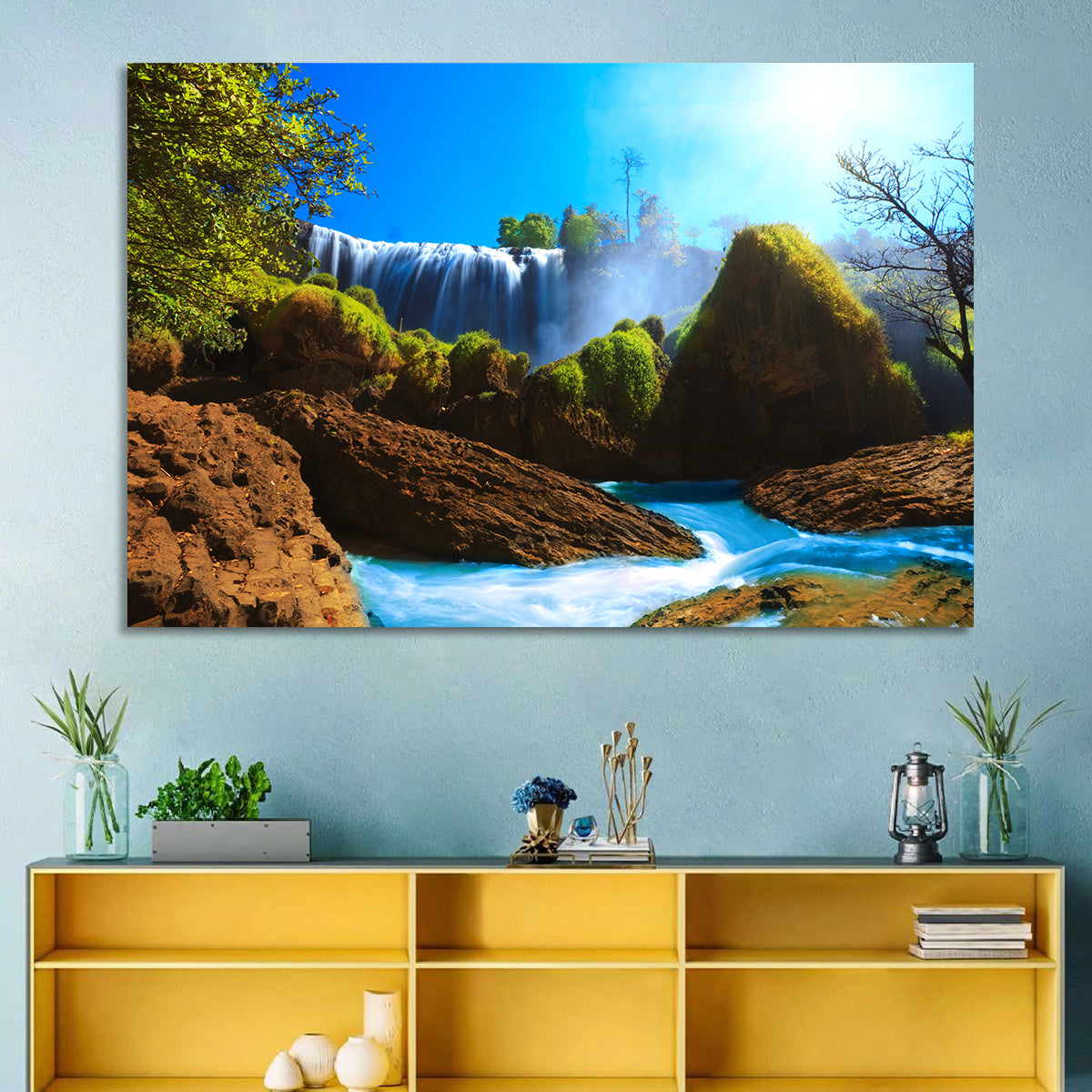 Sunlit Turquoise Waterfall Wall Art