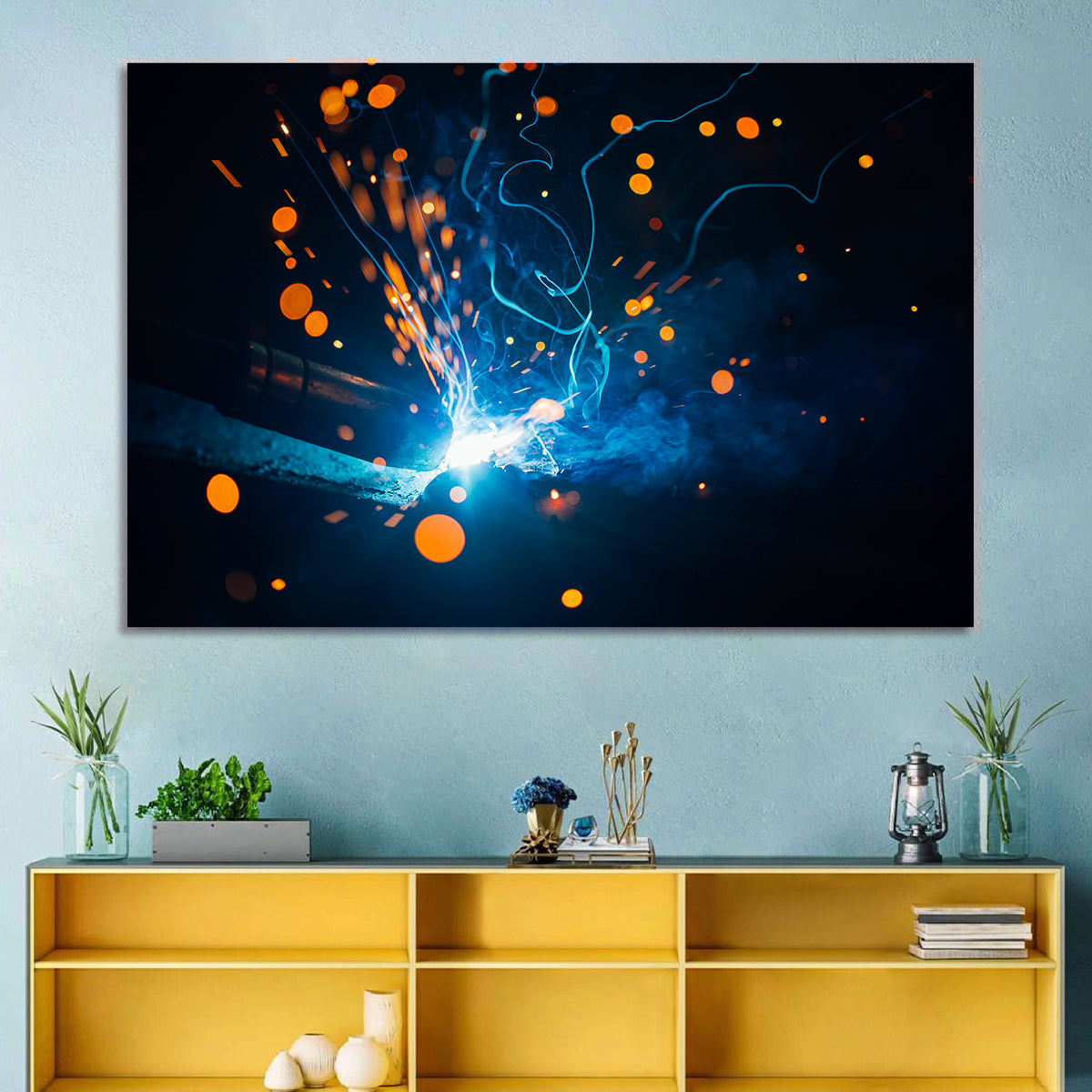 Bright Blue Welding Sparks Wall Art