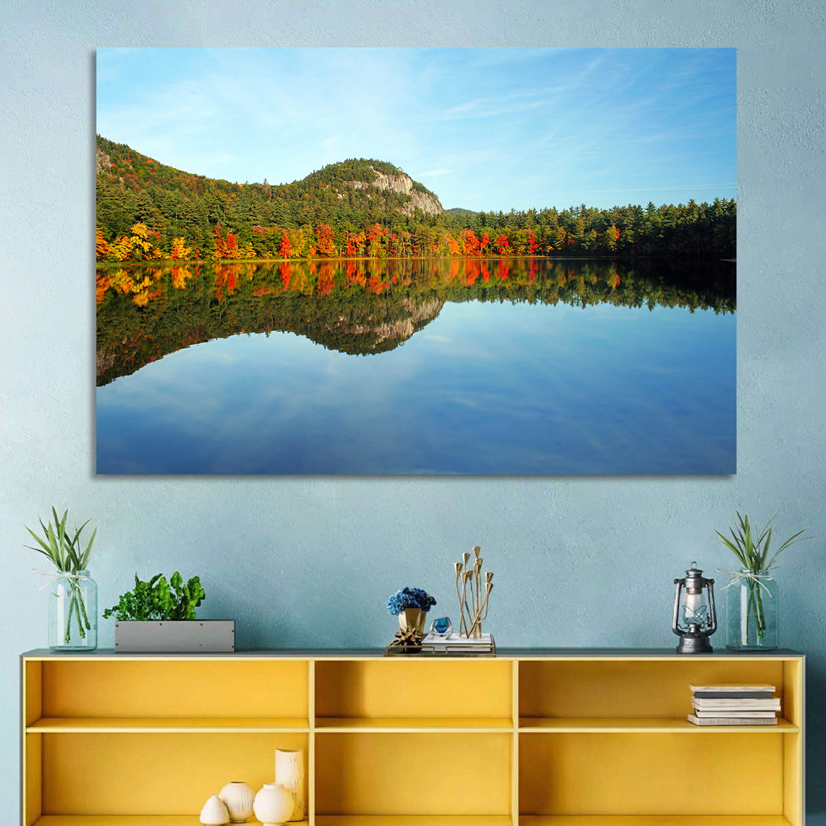 Echo Lake Autumn Reflection Wall Art in a room, landscape
