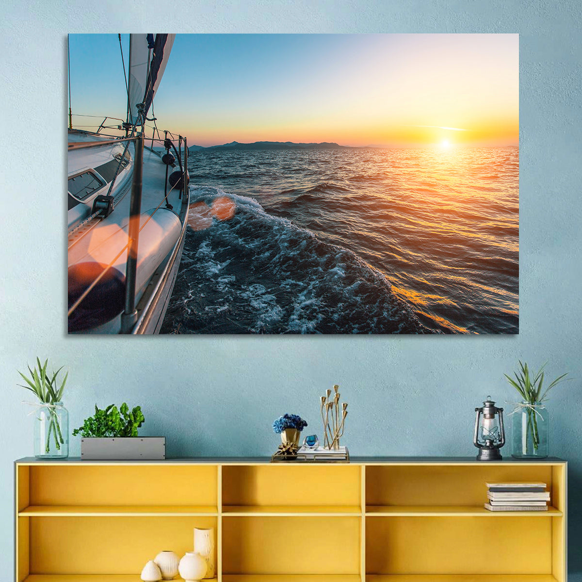 Sunset Sail from Deck Wall Art in a room, landscape