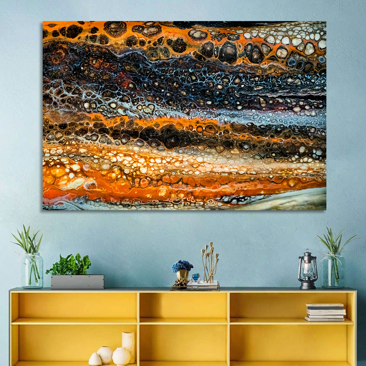 Cosmic River Strata Abstract Pour Wall Art in a room, landscape