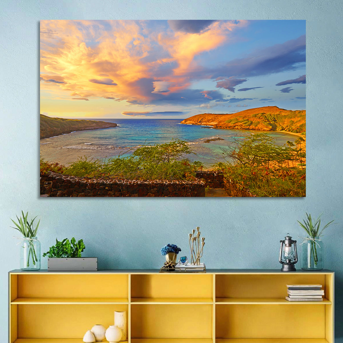Hanauma Bay Golden Hour Wall Art in a room, landscape