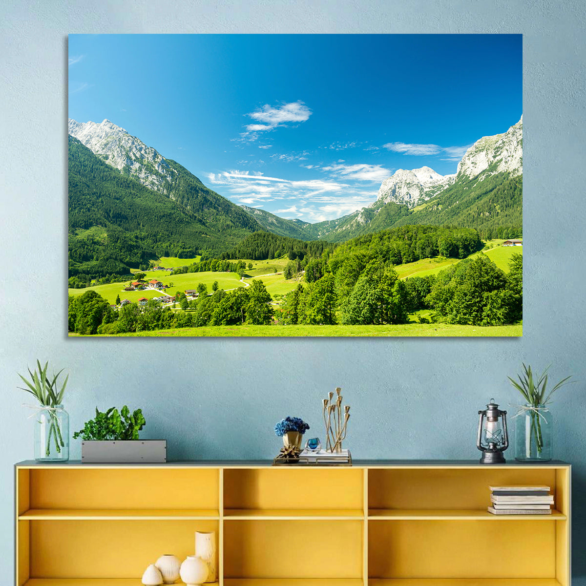 Bavarian Alpine Valley Wall Art in a room, landscape