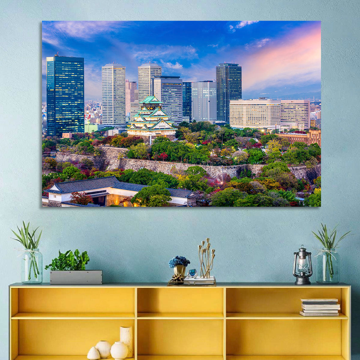 Osaka Castle Skyline at Dusk Wall Art in a room, landscape
