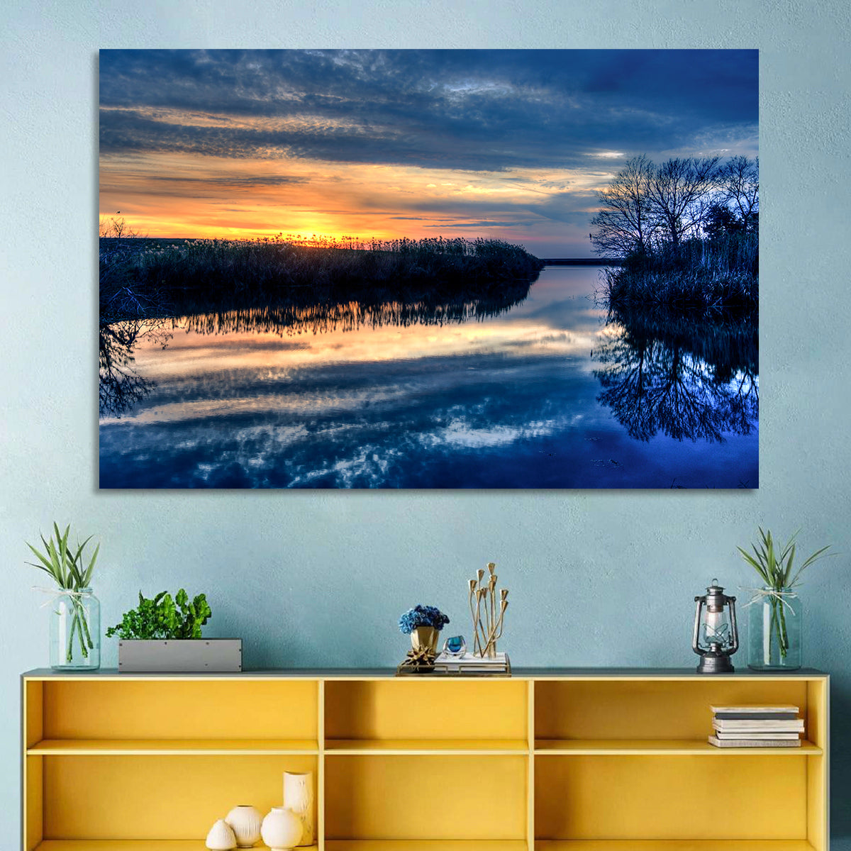 Louisiana Bayou Sunset Wall Art in a room, landscape