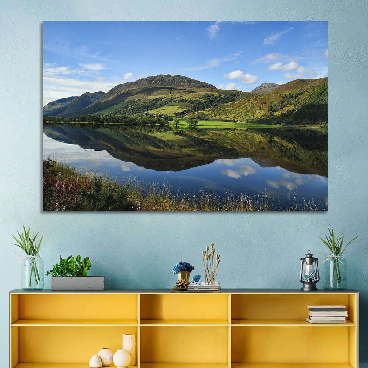 Irish Lake Reflection Wall Art in a room, landscape
