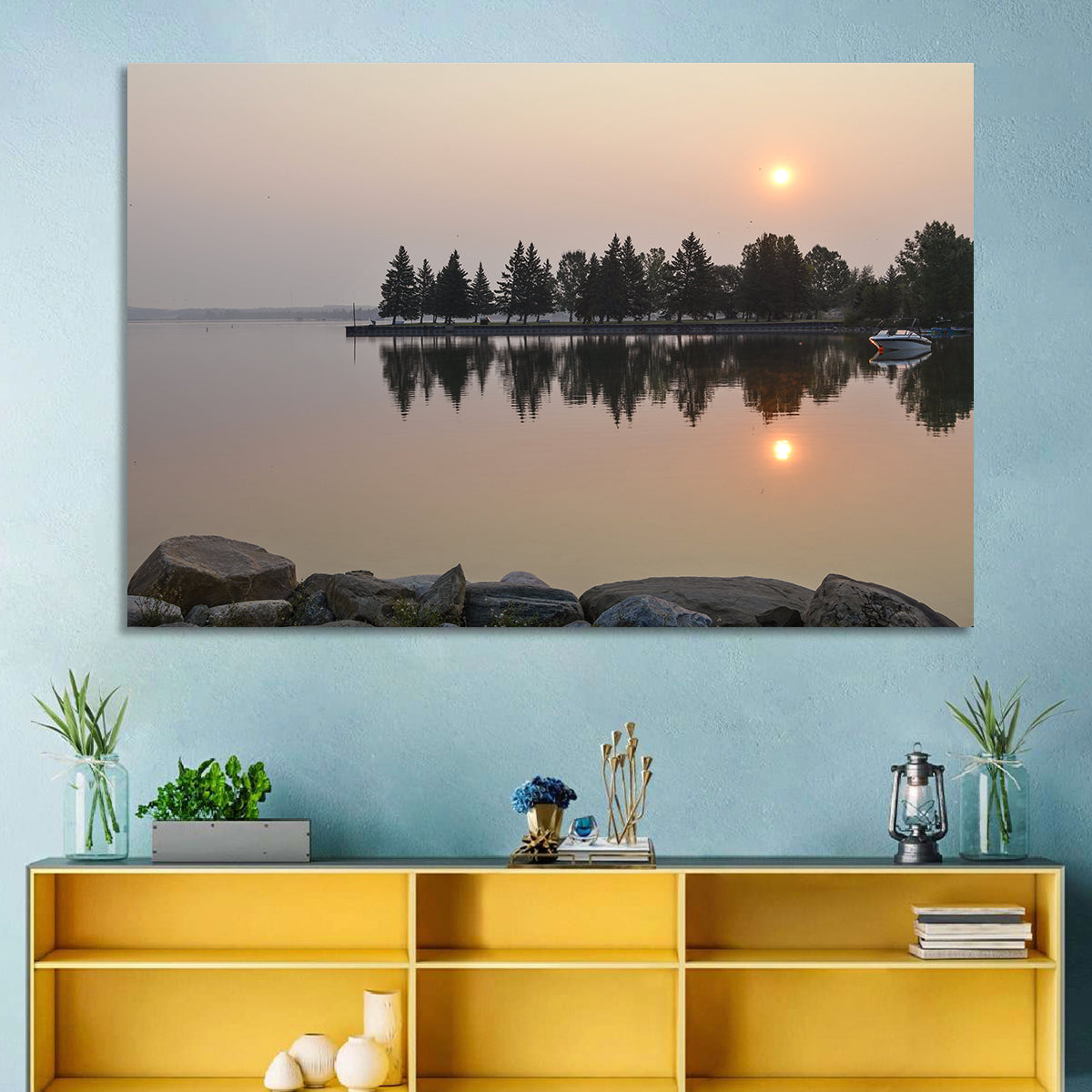 Sylvan Lake Sunset Reflection Wall Art in a room, landscape
