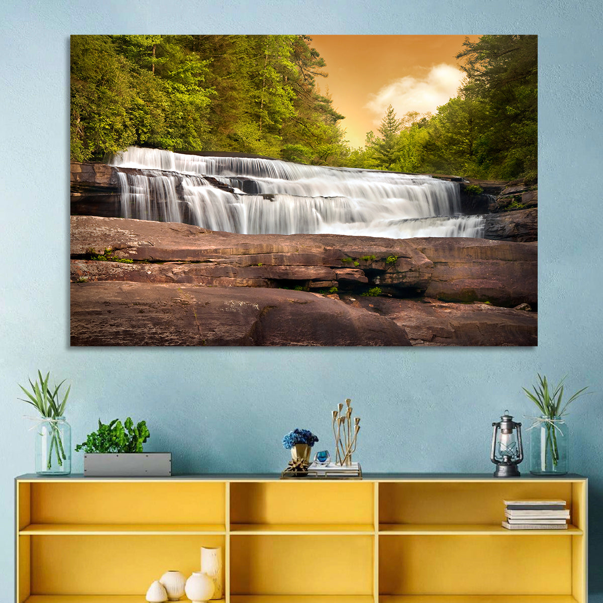 Blue Ridge Waterfall at Golden Hour Wall Art in a room, landscape