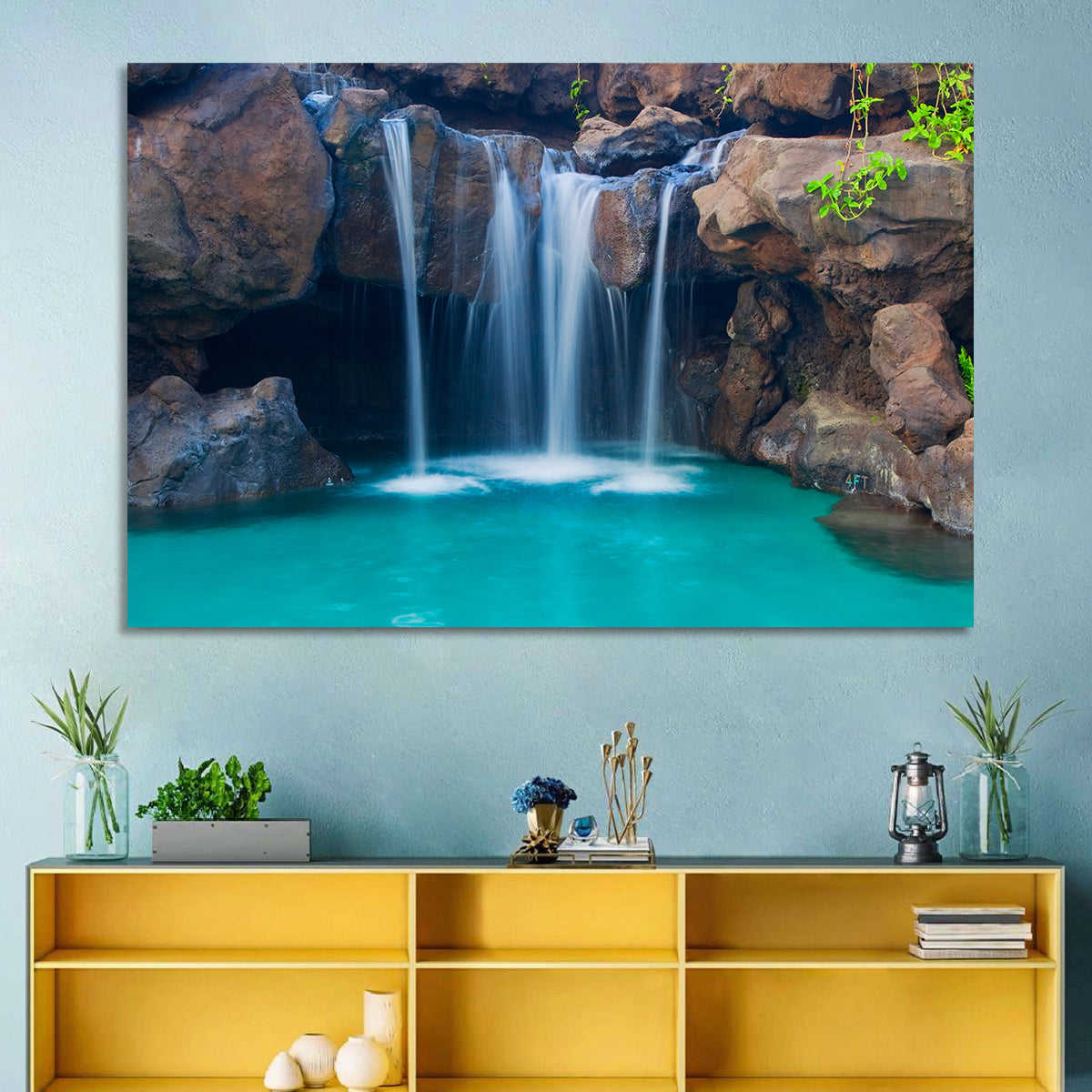 Waterfall Into Turquoise Pool Wall Art in a room, landscape