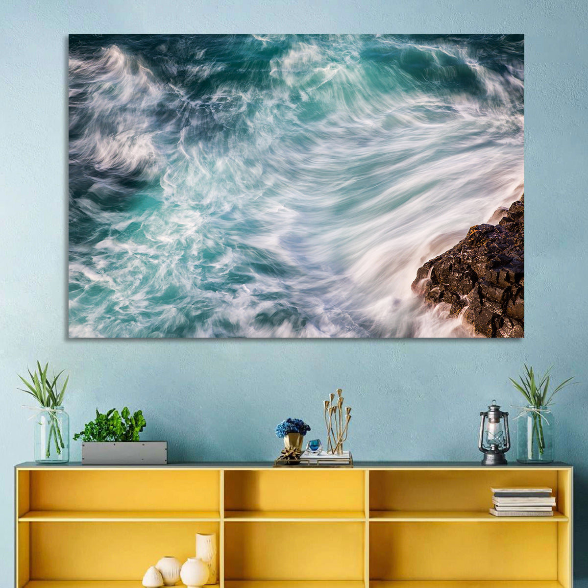 Silky Teal Ocean Waves Wall Art in a room, landscape