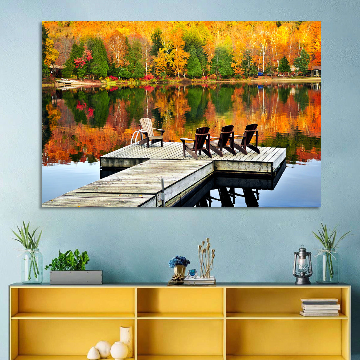 Autumn Lake Dock with Adirondack Chairs Wall Art in a room, landscape