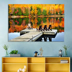 Autumn Lake Dock with Adirondack Chairs Wall Art