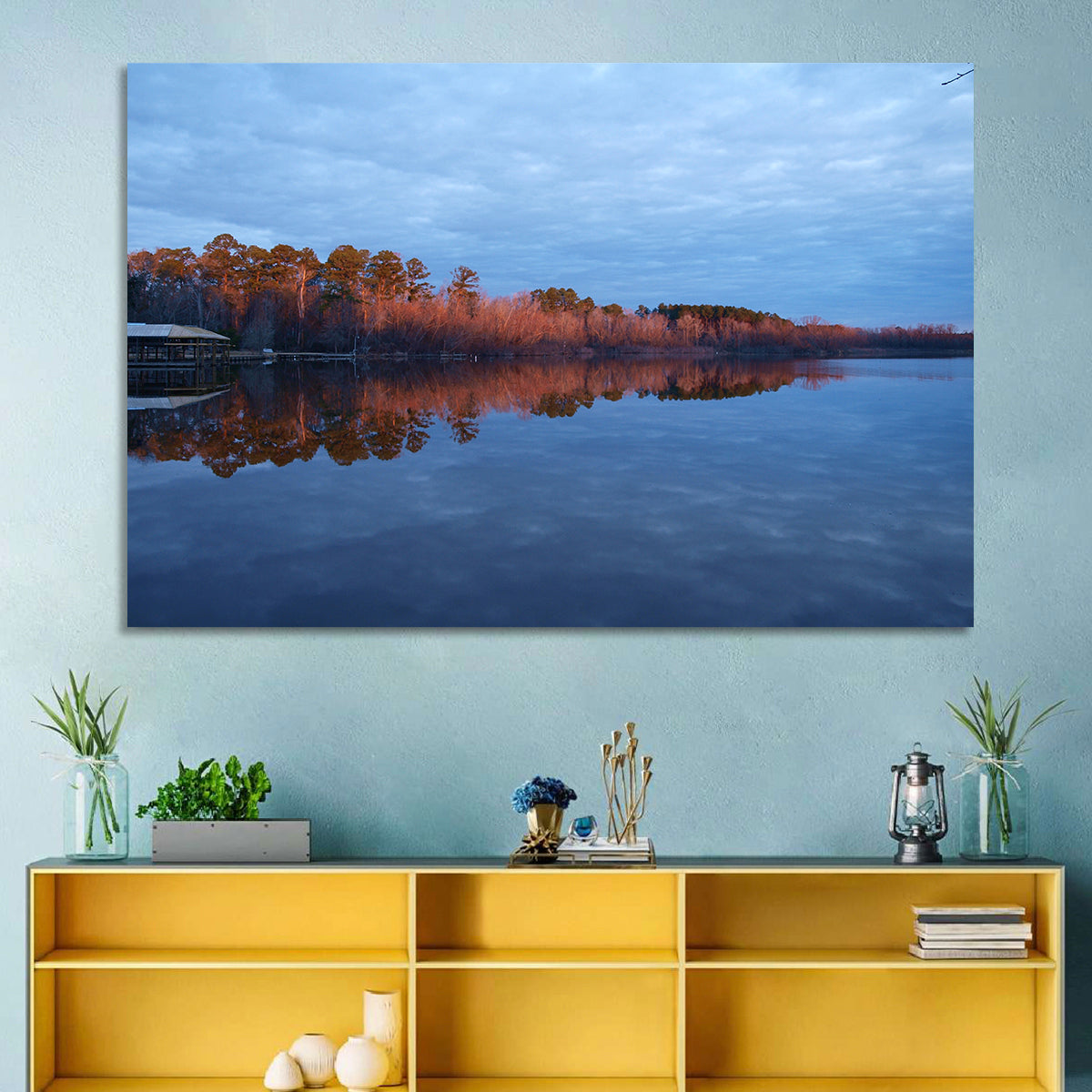 Lake Livingston Pier at Golden Hour Wall Art in a room, landscape