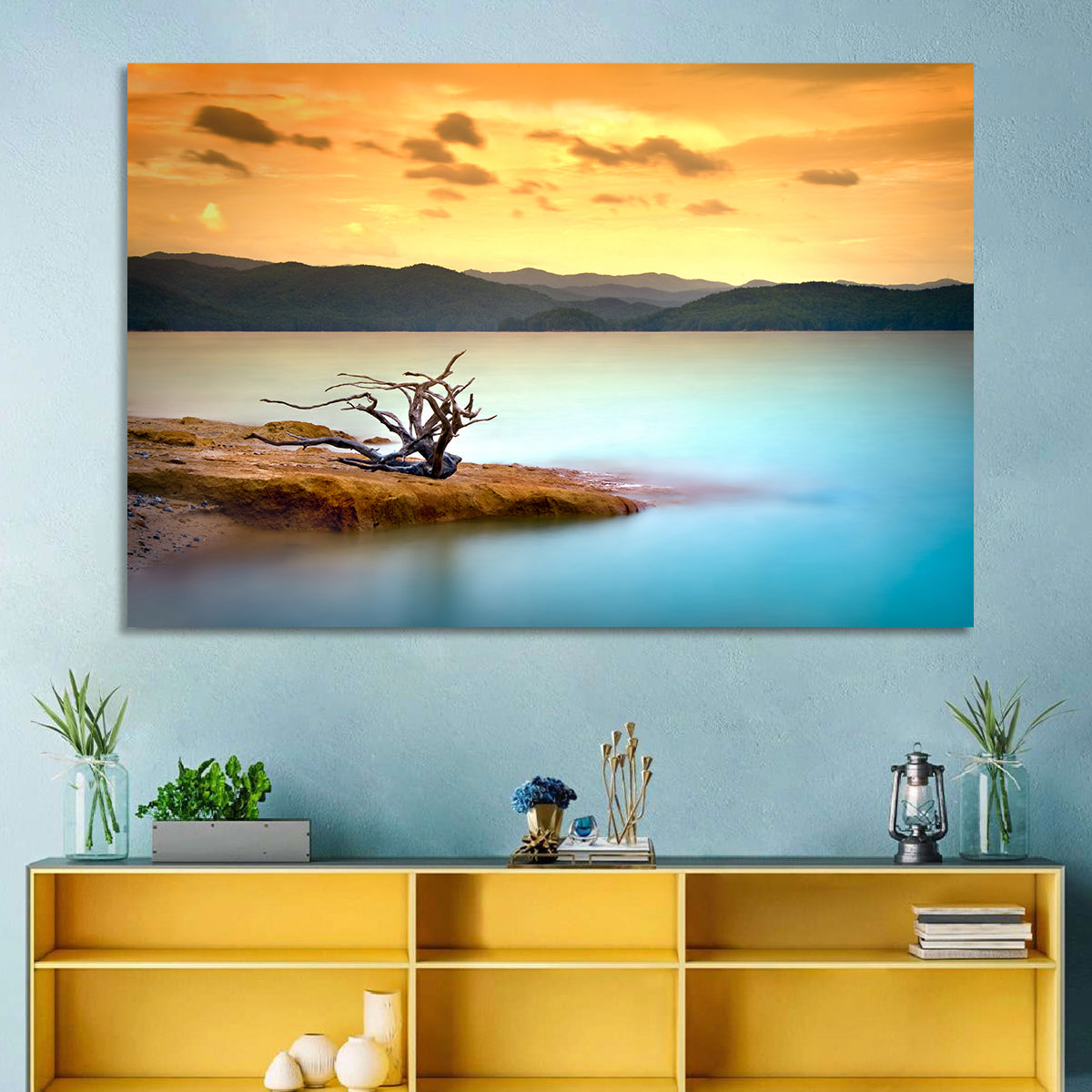 Gnarled Driftwood at Turquoise Lake Wall Art