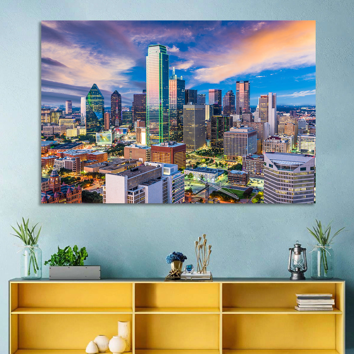 Dallas Twilight Skyline Wall Art in a room, landscape