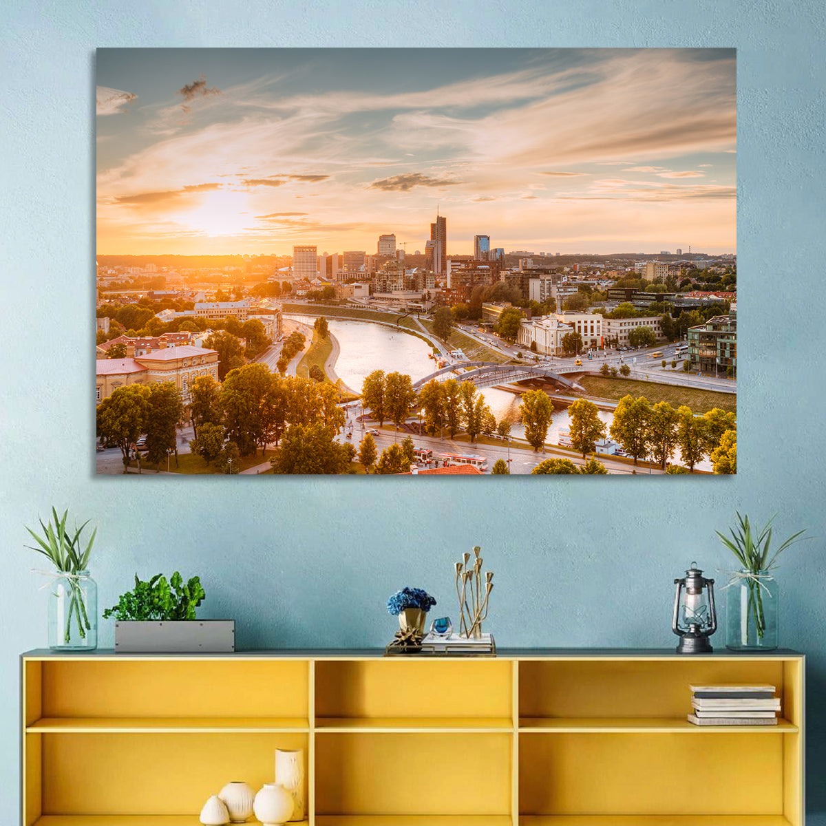 Vilnius Skyline at Golden Hour Wall Art in a room, landscape