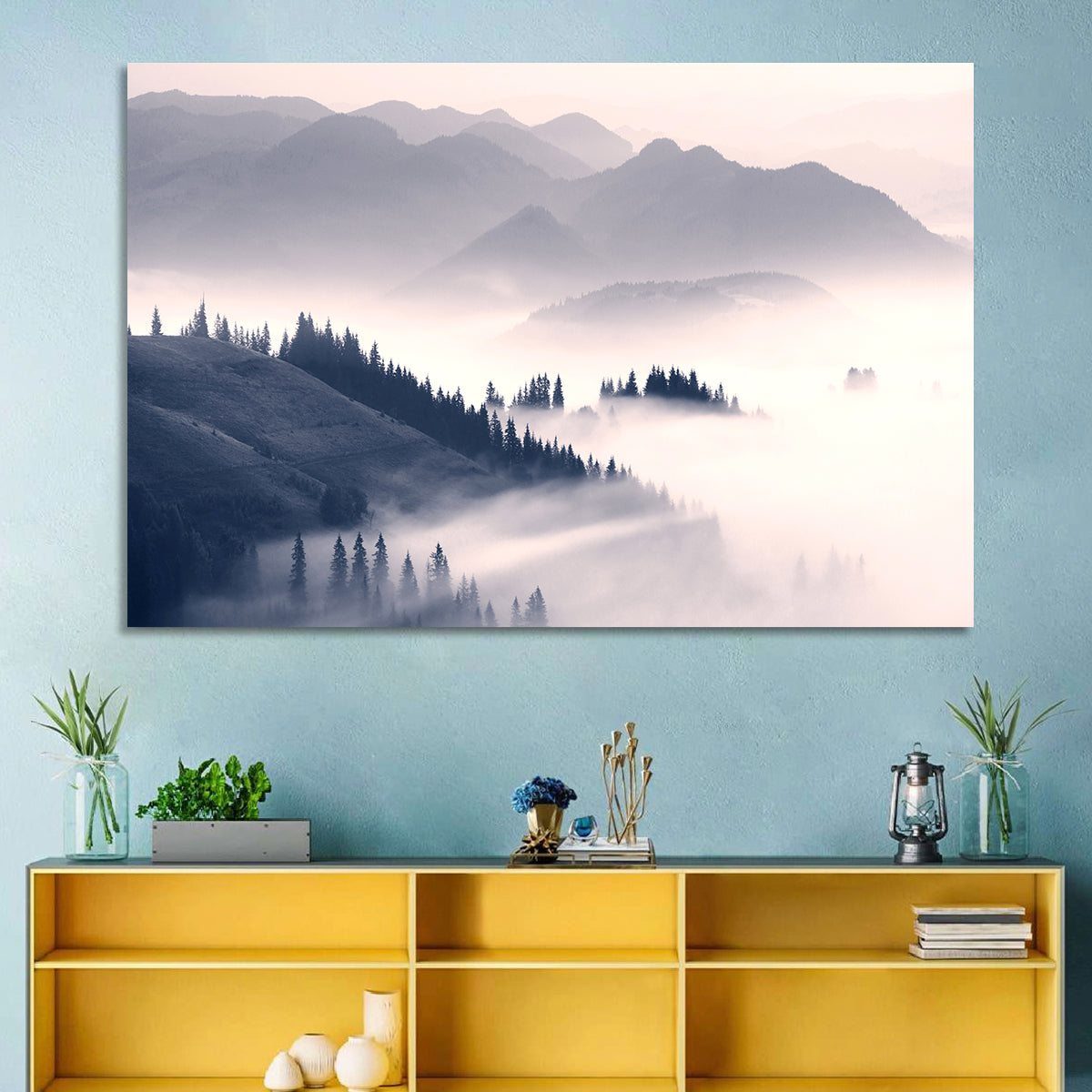 Carpathian Morning Mist Wall Art in a room, landscape