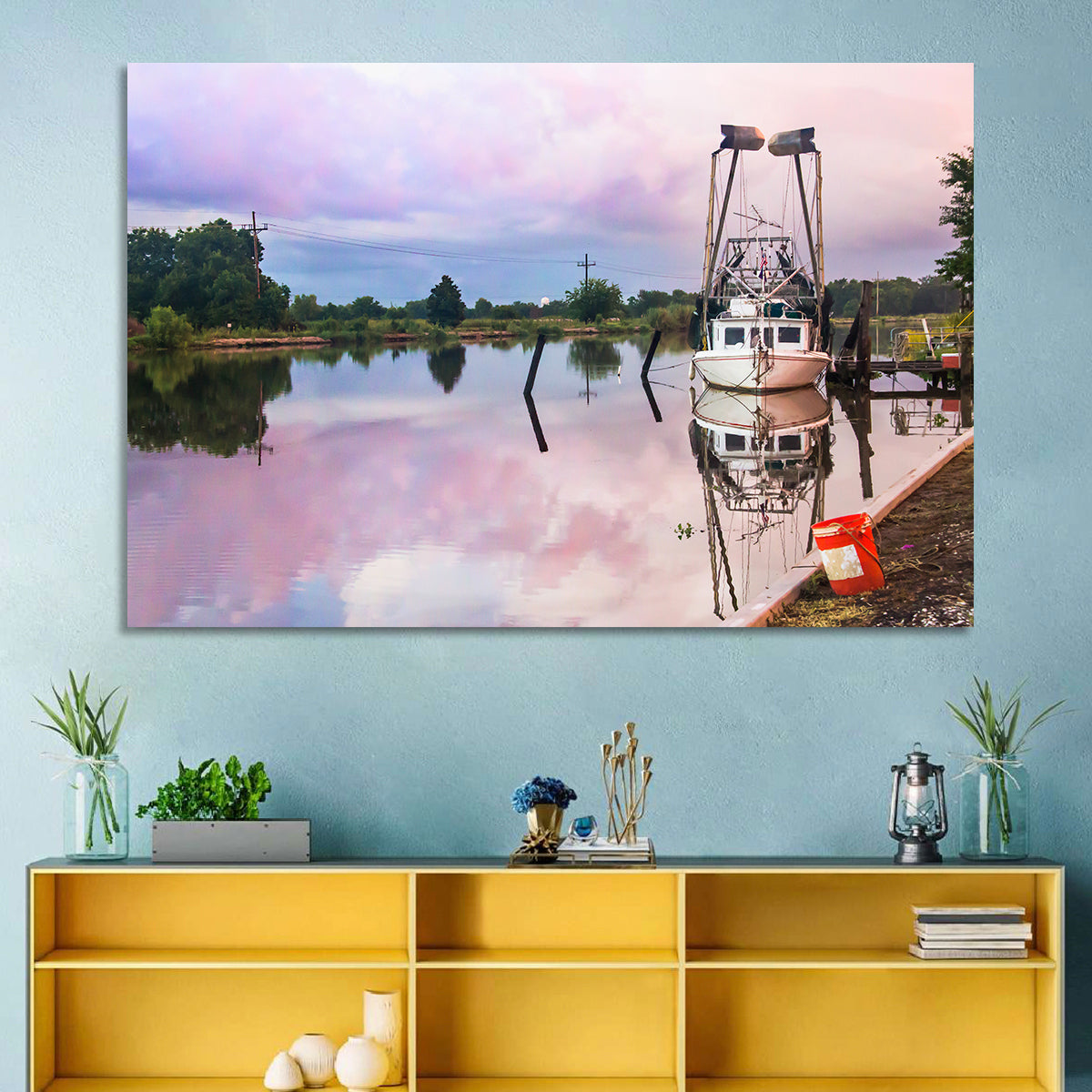 White Shrimp Boat on Louisiana Bayou Wall Art in a room, landscape