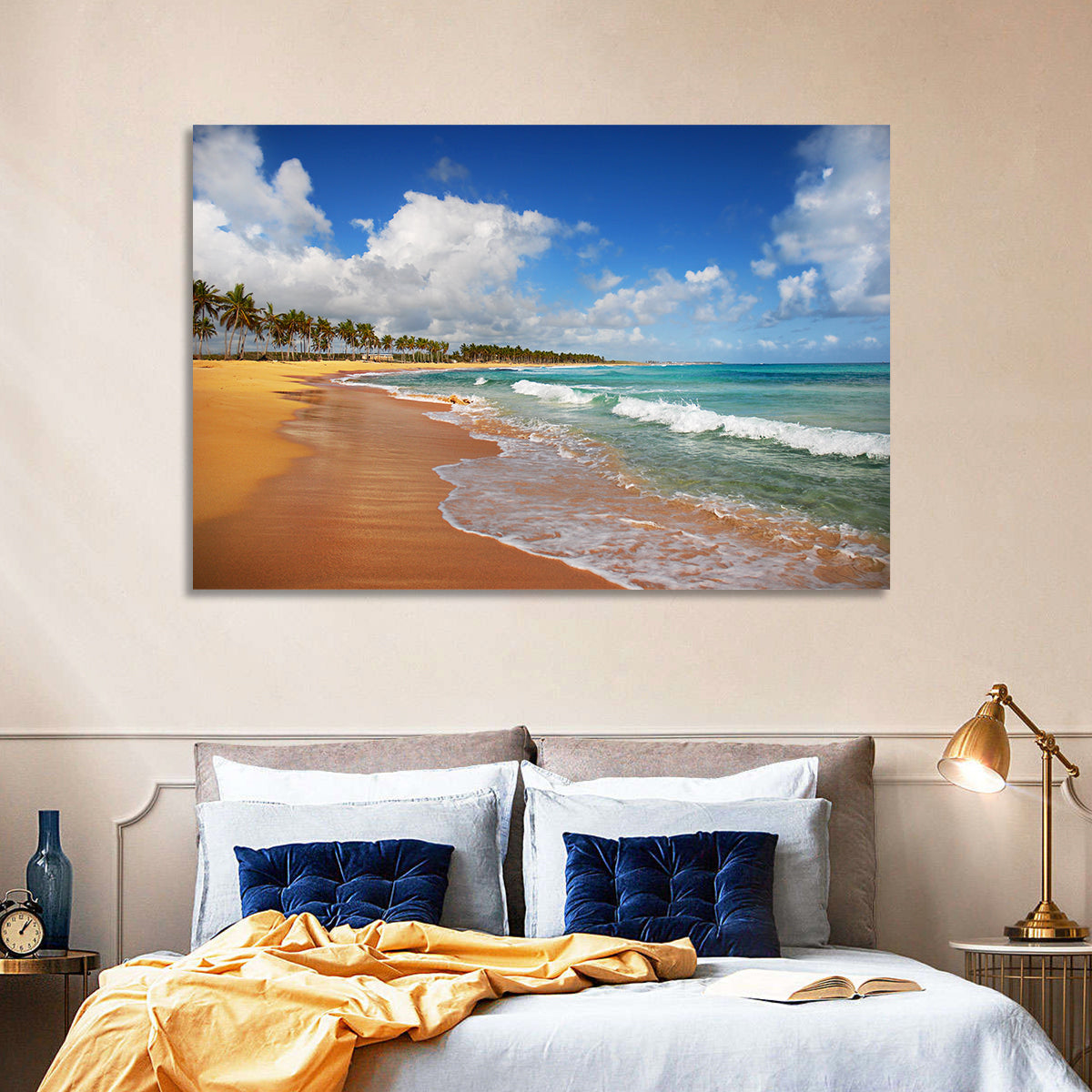 Palm Lined Tropical Coast Wall Art in a room, landscape