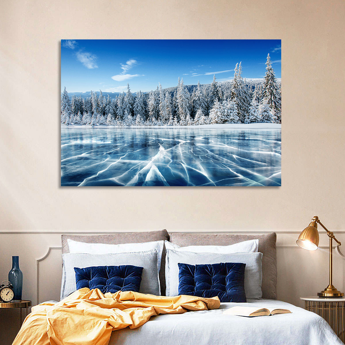 Cracked Ice Lake with Snowy Pines Wall Art