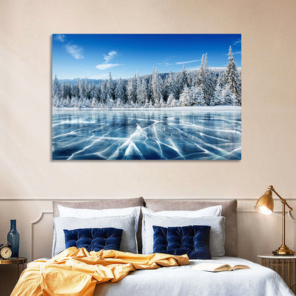 Cracked Ice Lake with Snowy Pines Wall Art