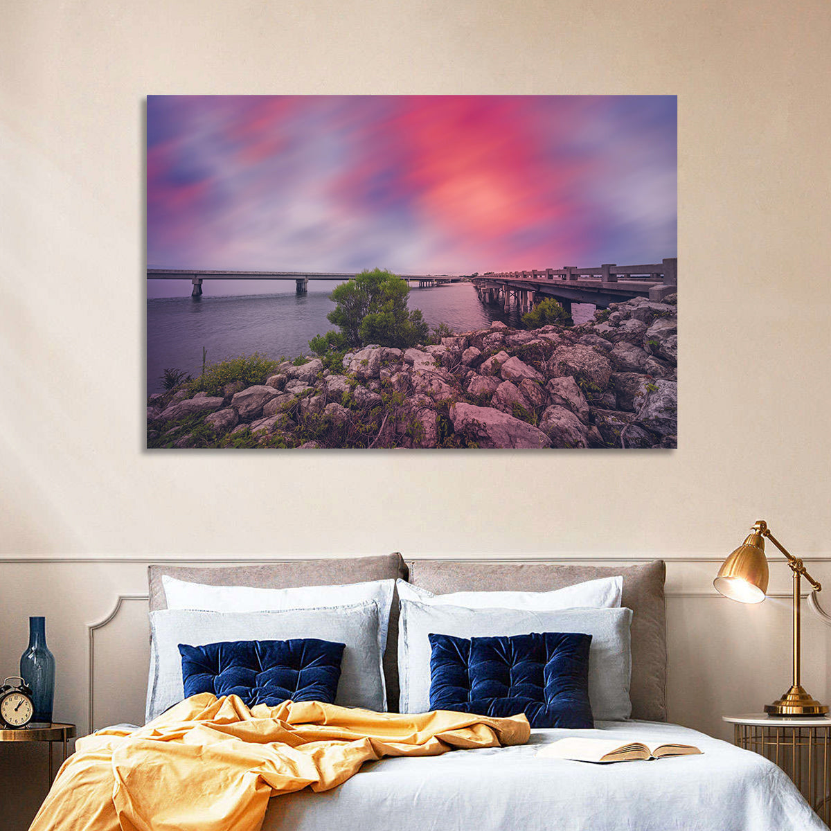 Amelia Island Sunset Bridge Wall Art in a room, landscape