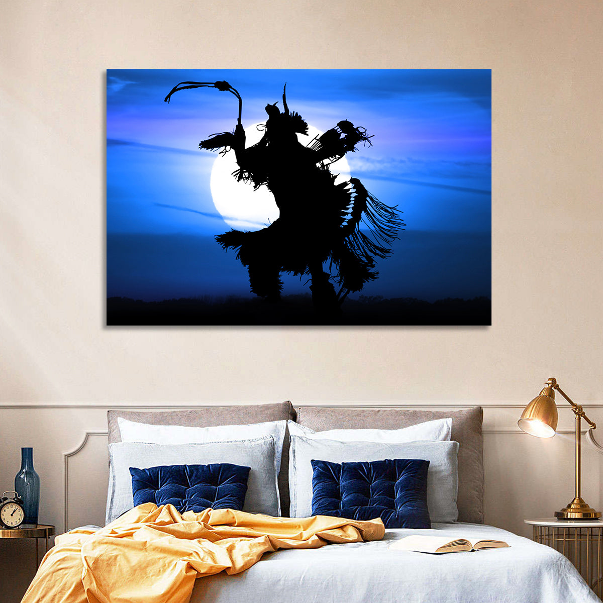 Moonlit Pow Wow Dancer Wall Art in a room, landscape