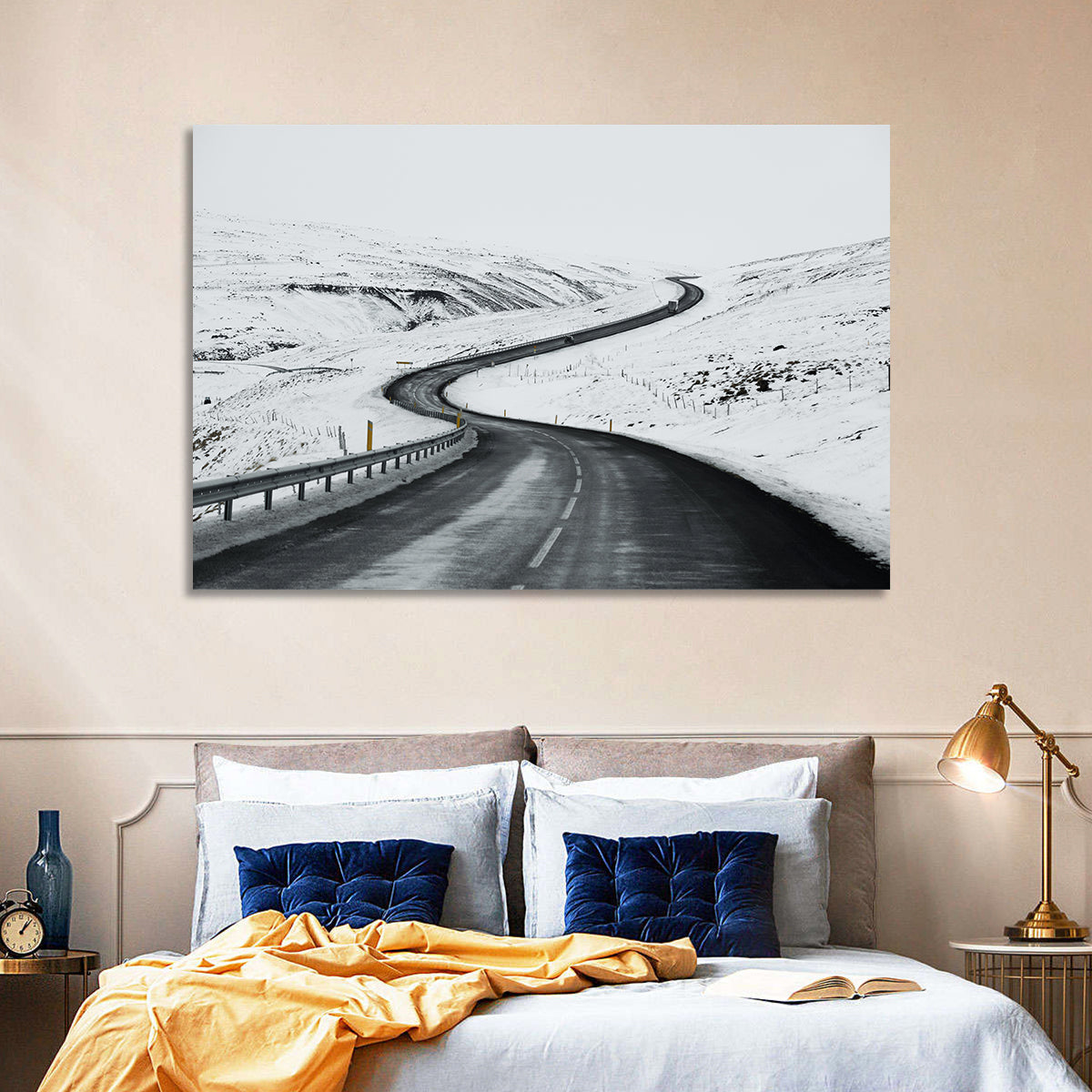 Winding Snow Road with Yellow Markers Wall Art