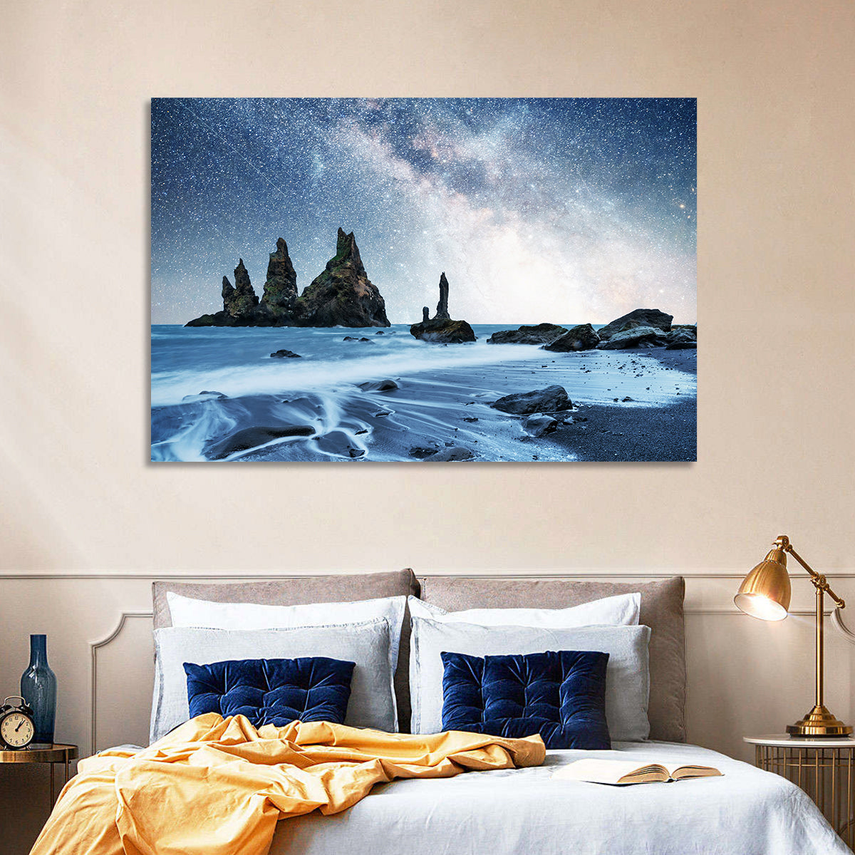 Reynisdrangar Sea Stacks Night Wall Art in a room, landscape