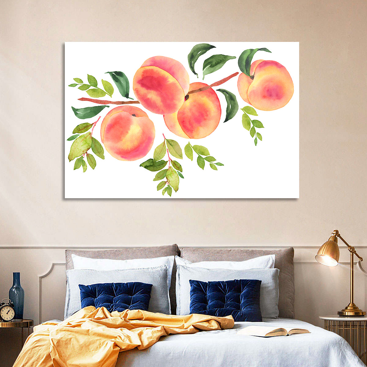 Watercolor Peach Branch Wall Art in a room, landscape