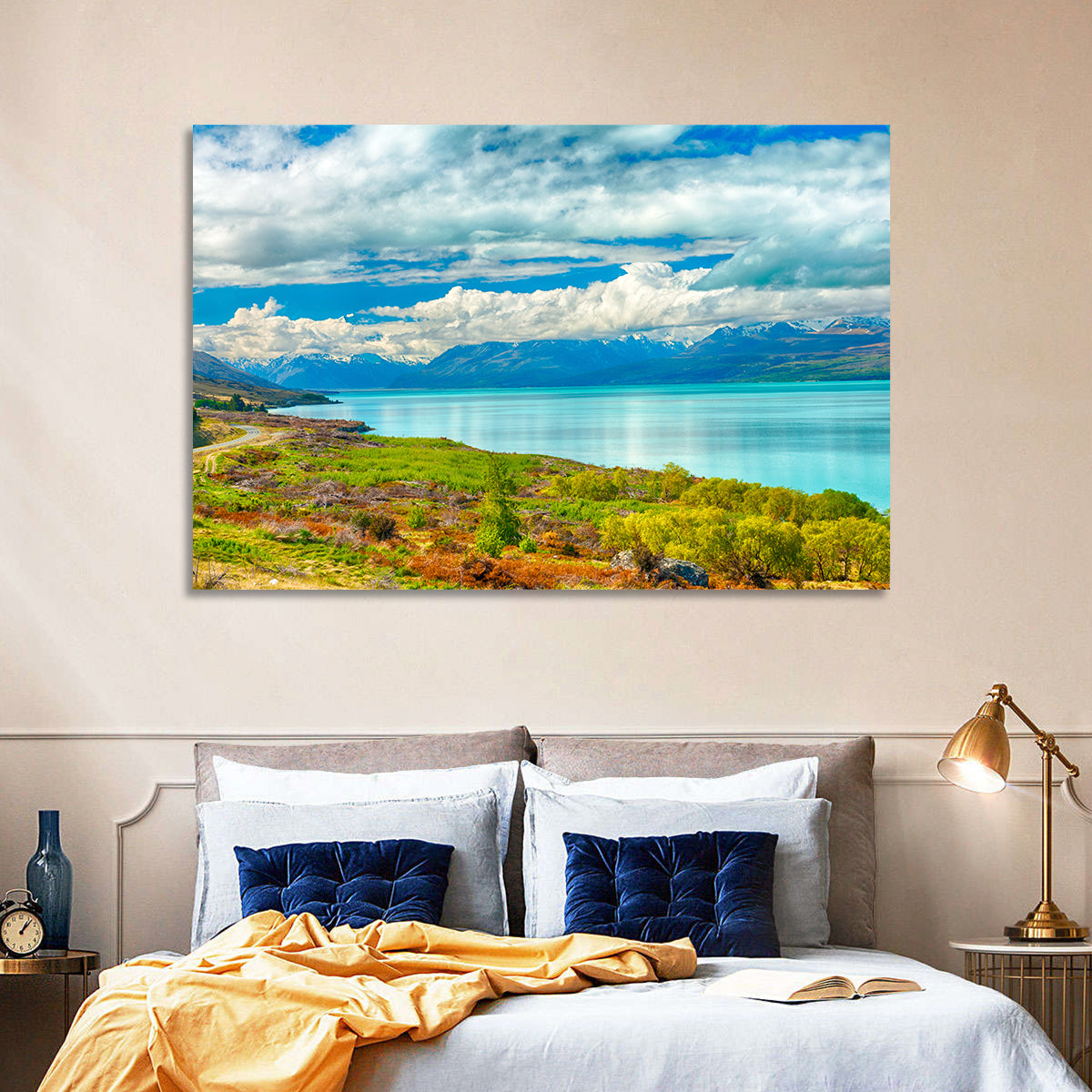 Turquoise Lake Pukaki with Mount Cook Wall Art in a room, landscape