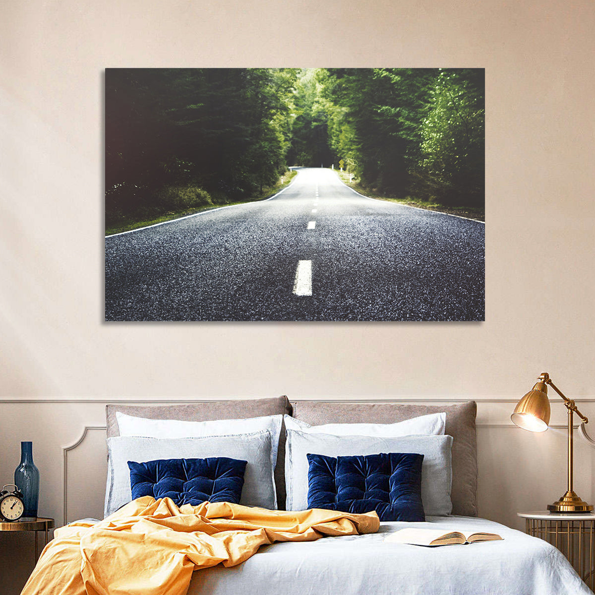 Summer Forest Road with Yellow Sign Wall Art
