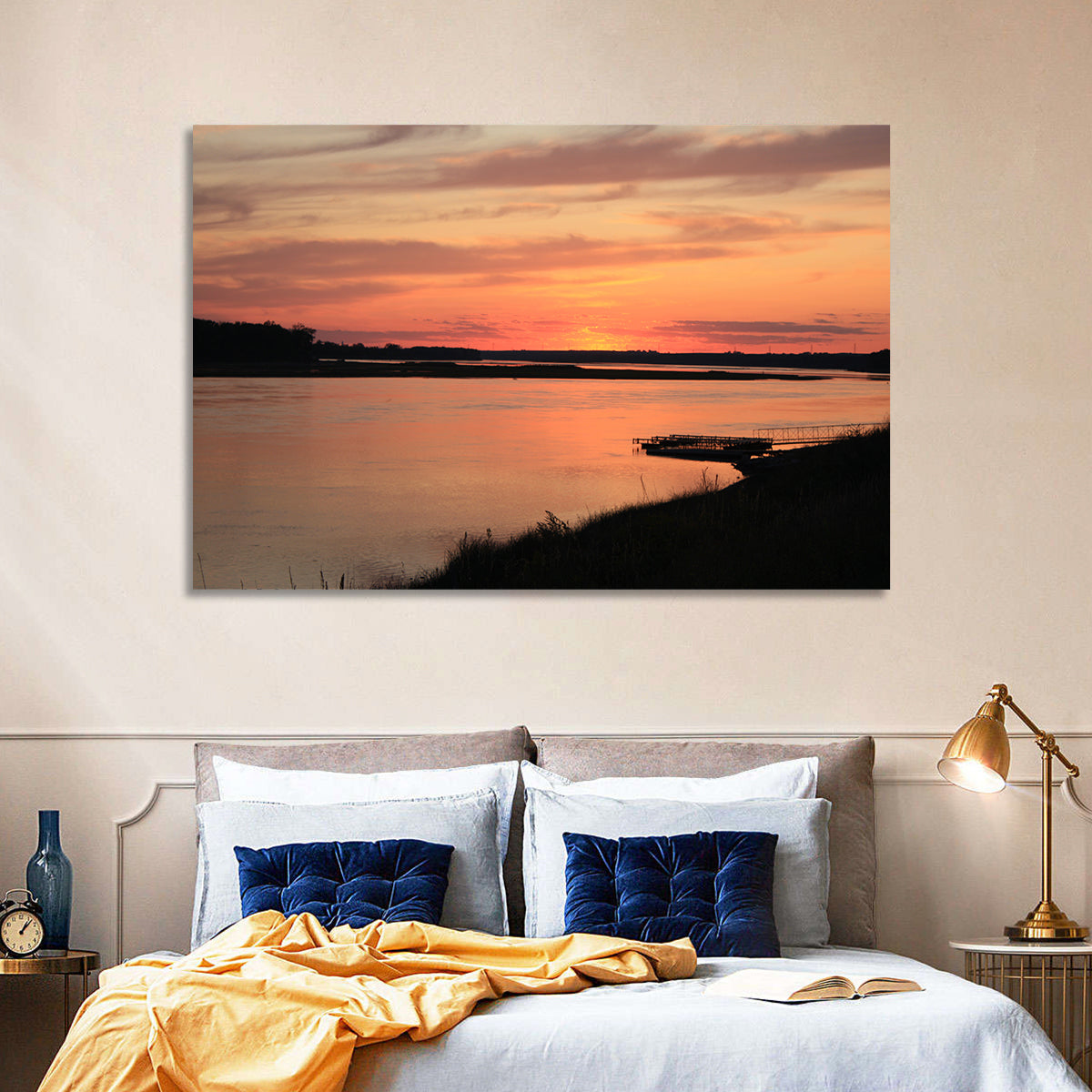 Missouri River Sunset at Dusk Wall Art in a room, landscape