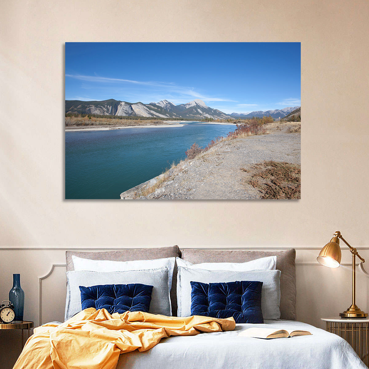 Mount Aeolus Over Athabasca Riverbank Wall Art in a room, landscape