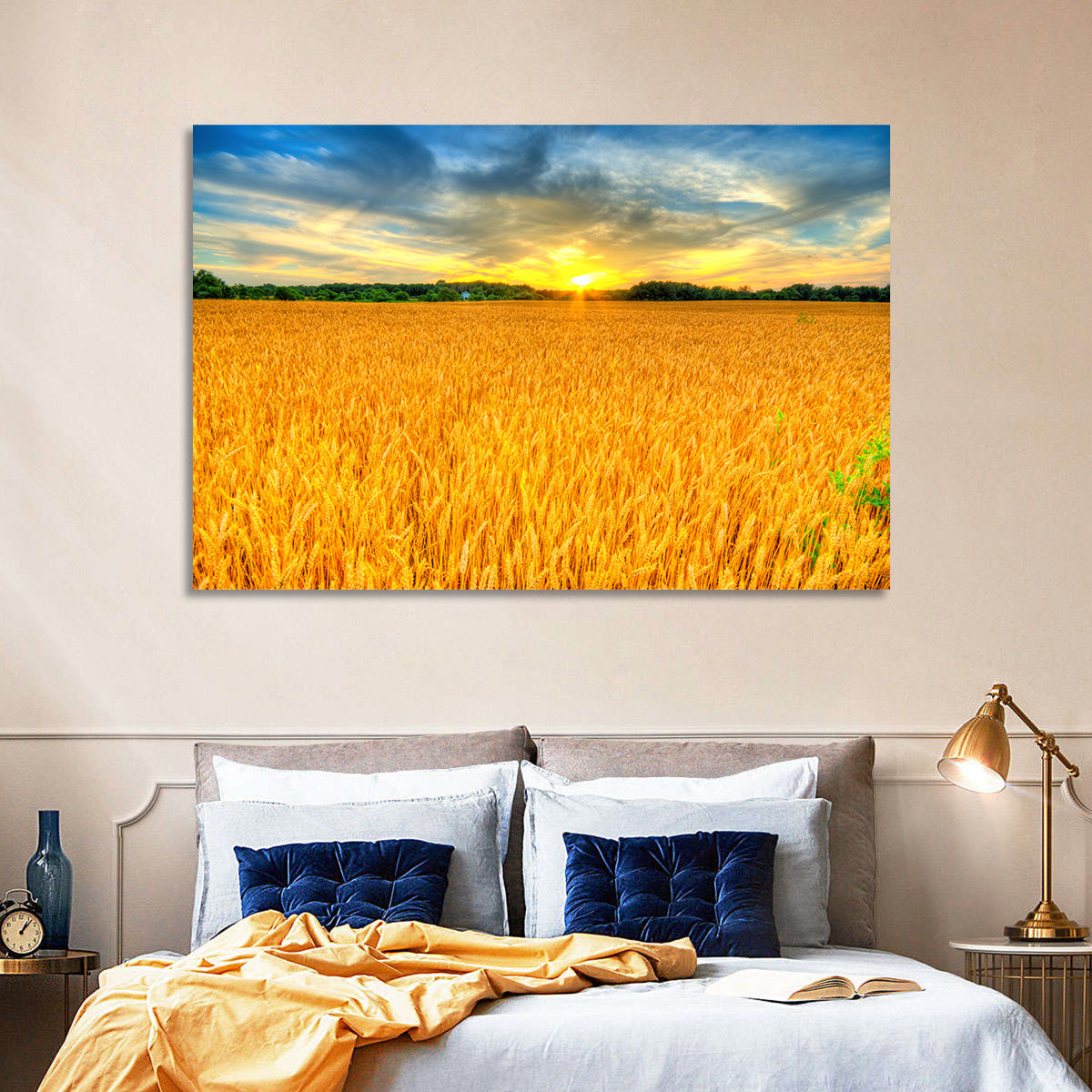 Wheat Field Sunset Wall Art in a room, landscape