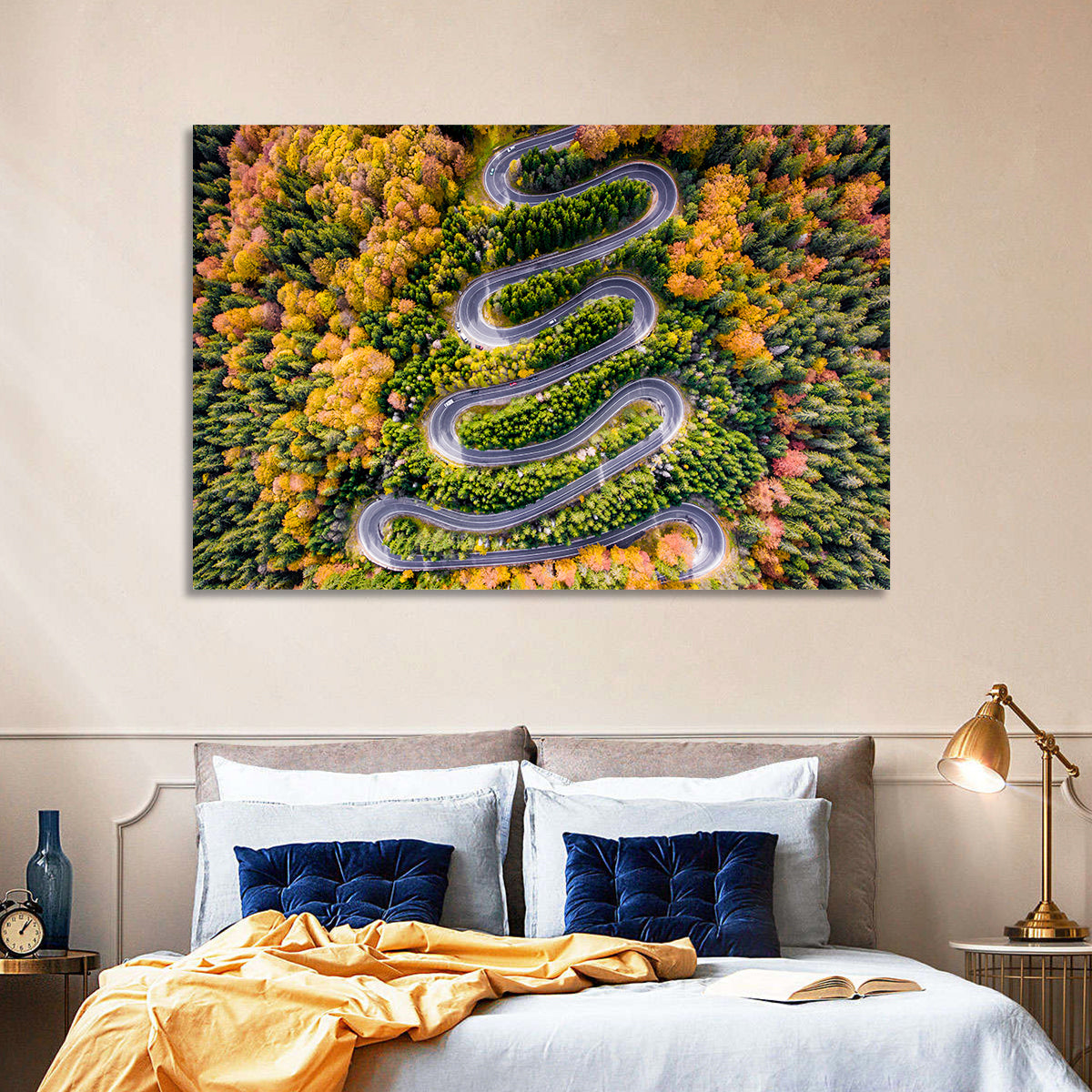 Autumn Winding Forest Road Wall Art in a room, landscape