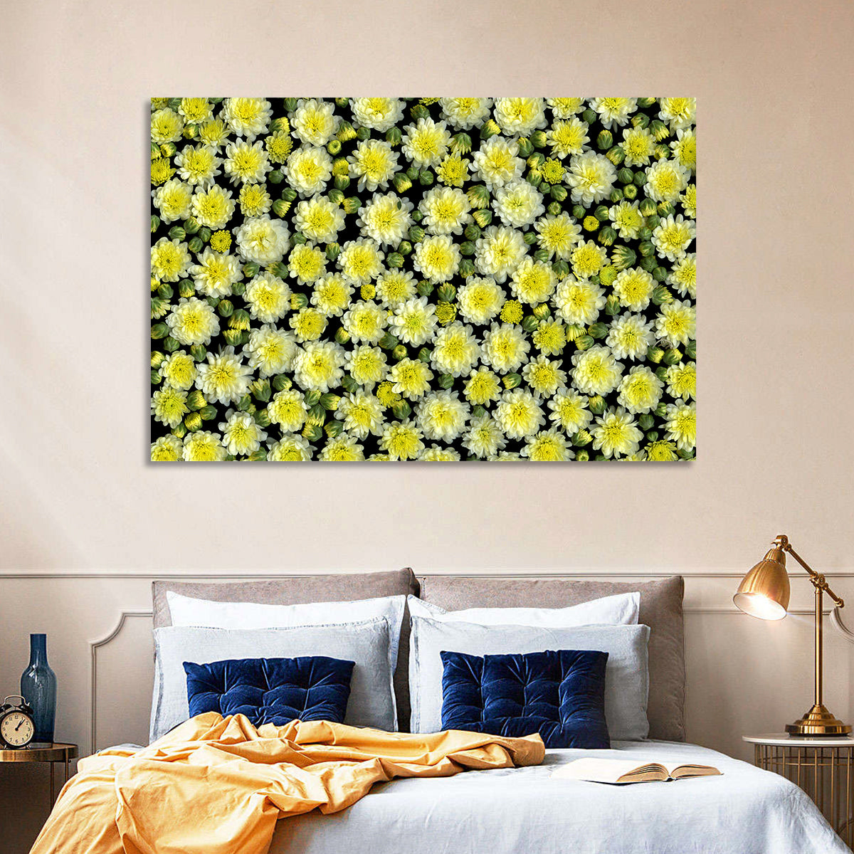 Yellow Chrysanthemum Bloom Pattern Wall Art in a room, landscape