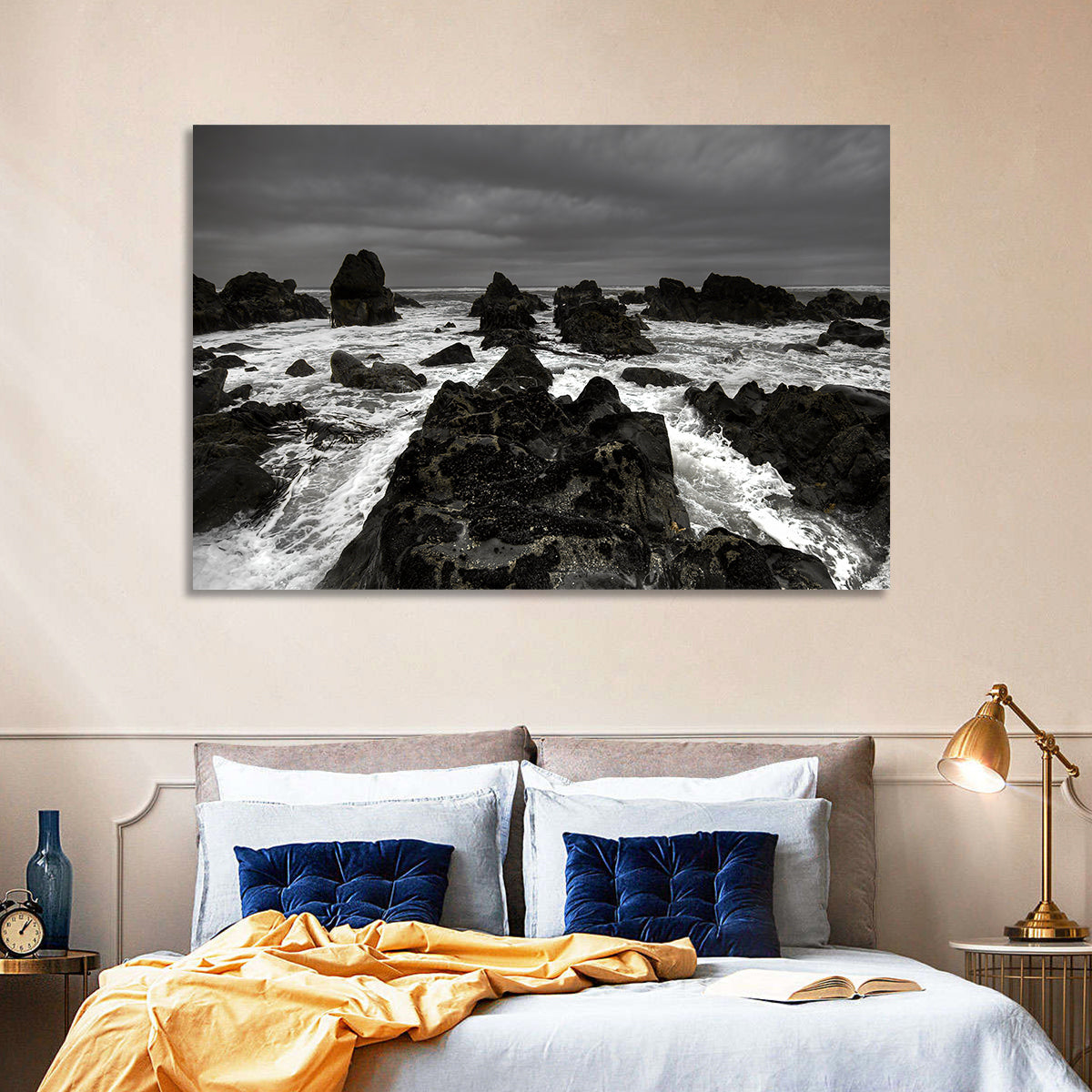 Moody Black and White Rocky Coast Waves Wall Art in a room, landscape