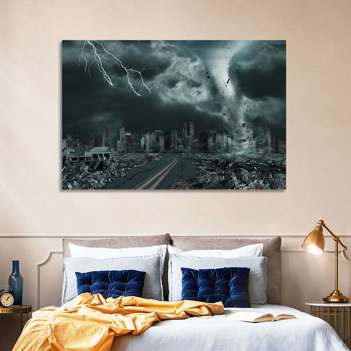 Tornado Over Destroyed City Skyline Wall Art in a room, landscape