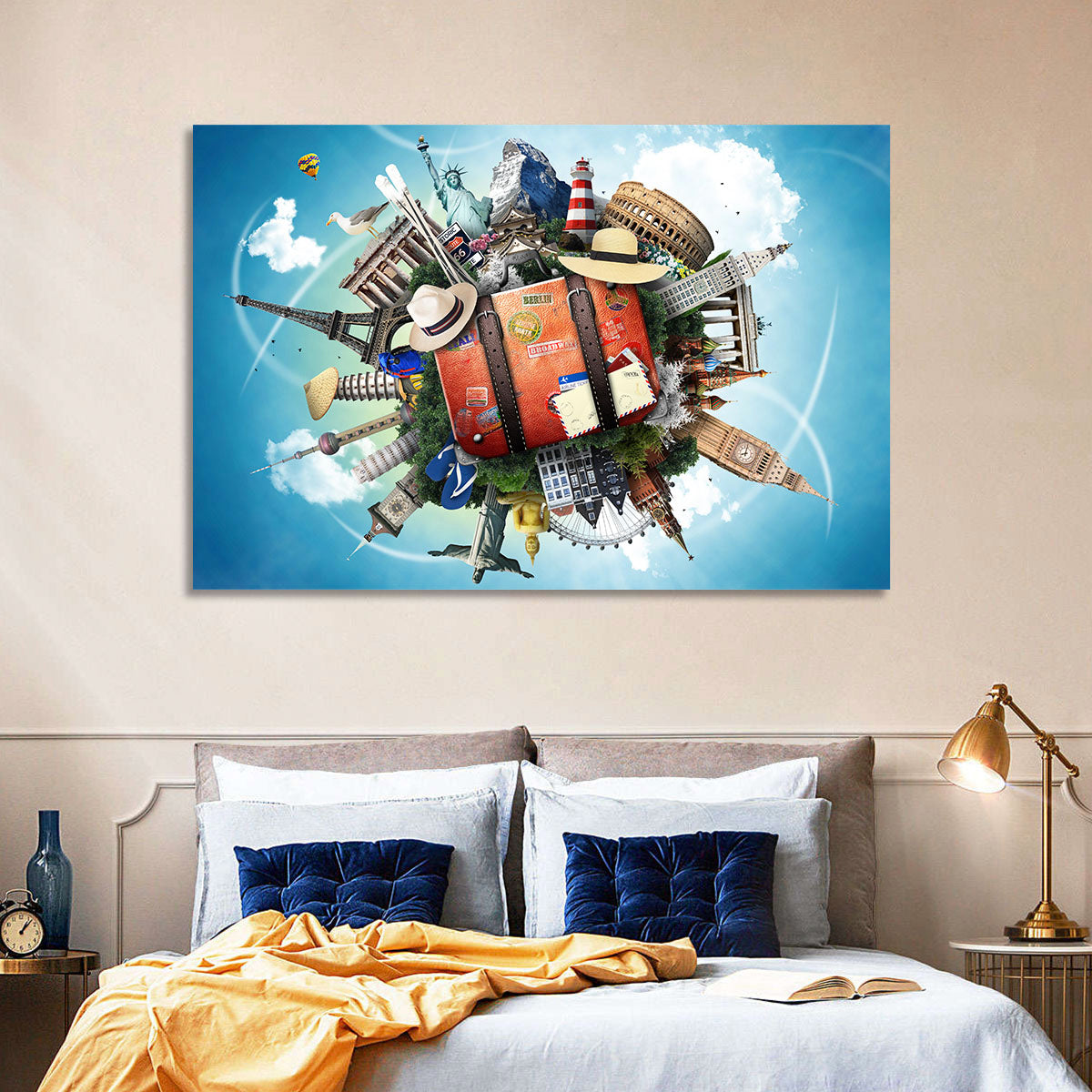 Suitcase and World Landmarks Montage Wall Art in a room, landscape