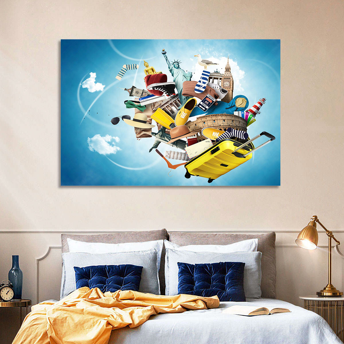 Floating Landmarks with Yellow Suitcase Wall Art in a room, landscape