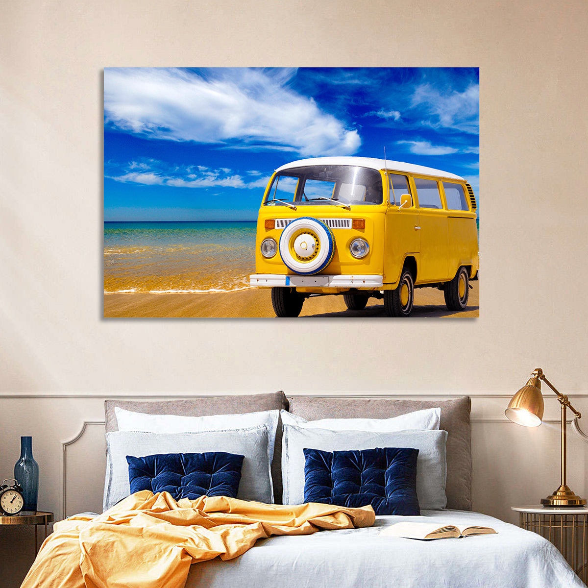 Yellow Vintage Van on Beach Wall Art in a room, landscape