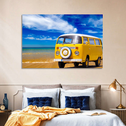 Yellow Vintage Van on Beach Wall Art