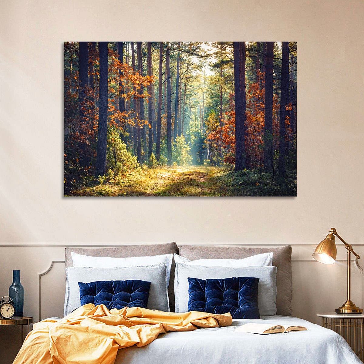 Sunlit Autumn Pine Forest Wall Art in a room, landscape