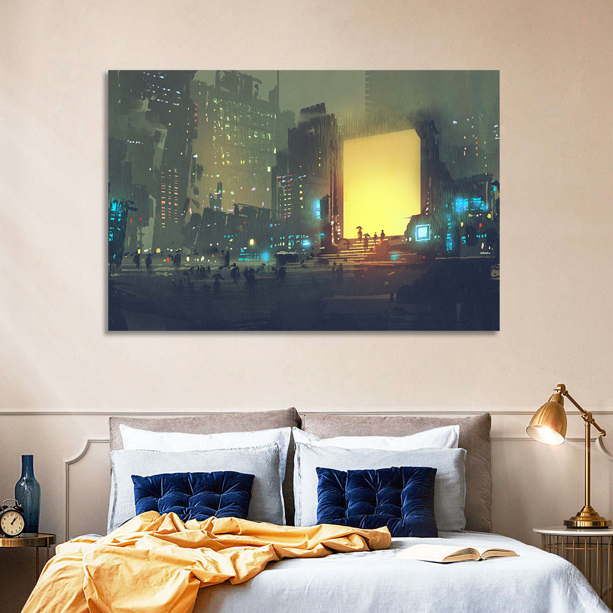 Rainy Night City with Glowing Portal Wall Art in a room, landscape